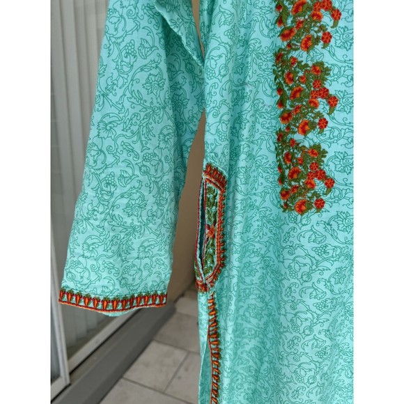 Embroidered And Printed Kurta Shirt W Pockets - Cotton - Light Blue -Size XS 8 - Picture 3 of 4